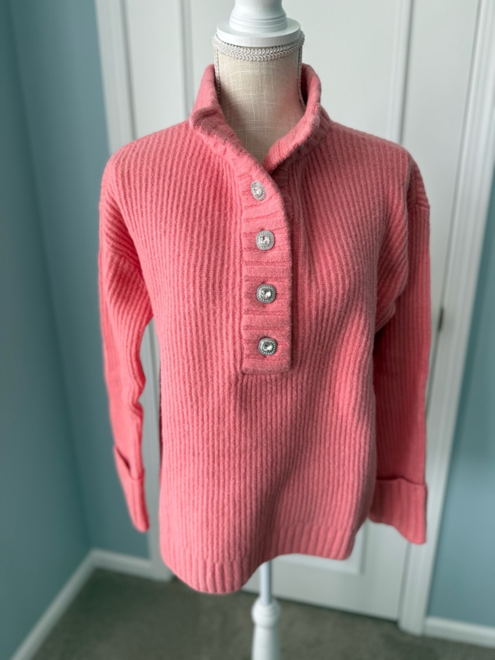 Talbots Coral Pink Ribbed Button-Placket Turtleneck Sweater NWT